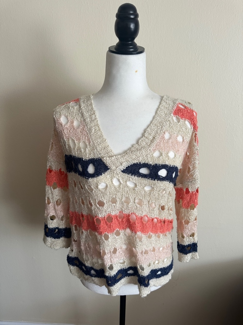 Belldini Open-Knit V-Neck Stripe Sweater in Cream, Coral & Navy